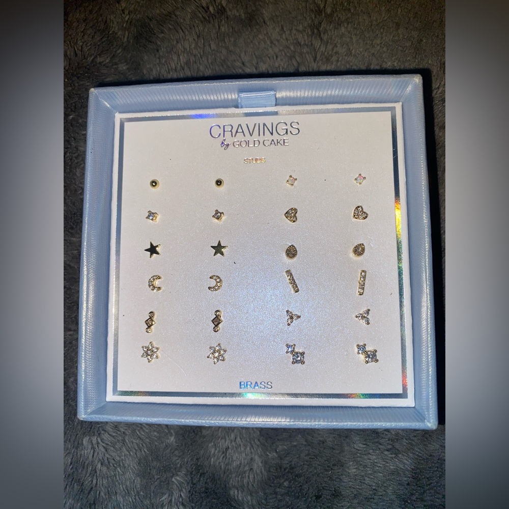 BNIB Cravings by Gold Cake Brass/Gold Plated Stud Earrings Set of 12